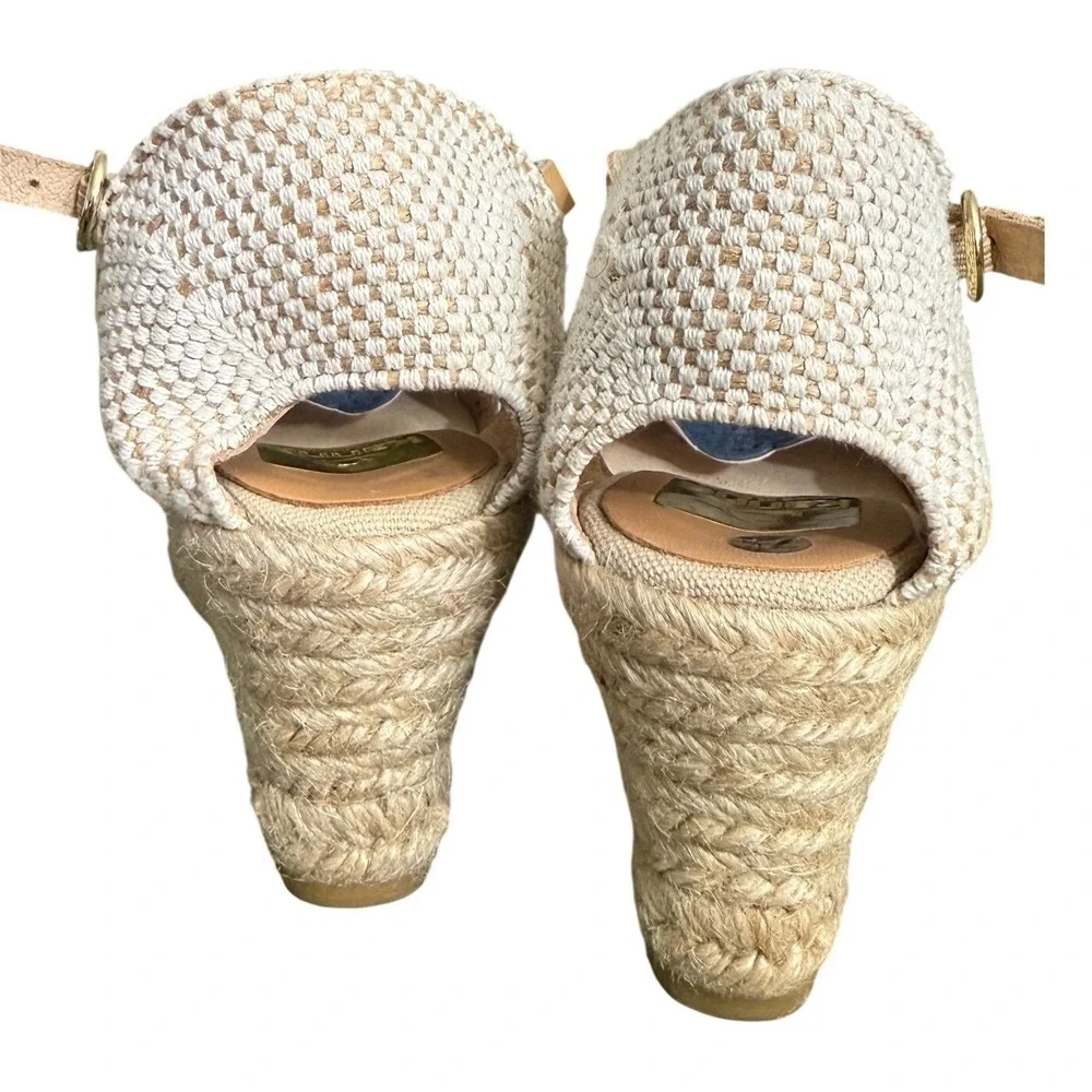 Kanna Navy Blue Laser Cut Leather Espadrille Wedge Sandals Made in Spain Sz 7.5